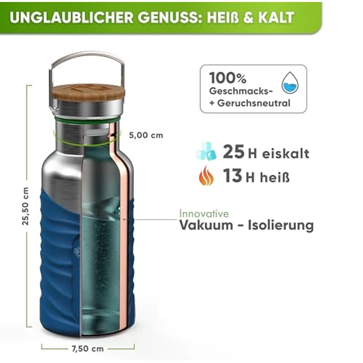 Blockhütte Edelstahl Trinkflasche 750ml, Isolierflasche für Kinder und Erwachsene, Kohlensäure geeignet, Auslaufsicher, BPA-Frei mit Silikonmantel, langlebig und spülmaschinengeeignet – Bild 3