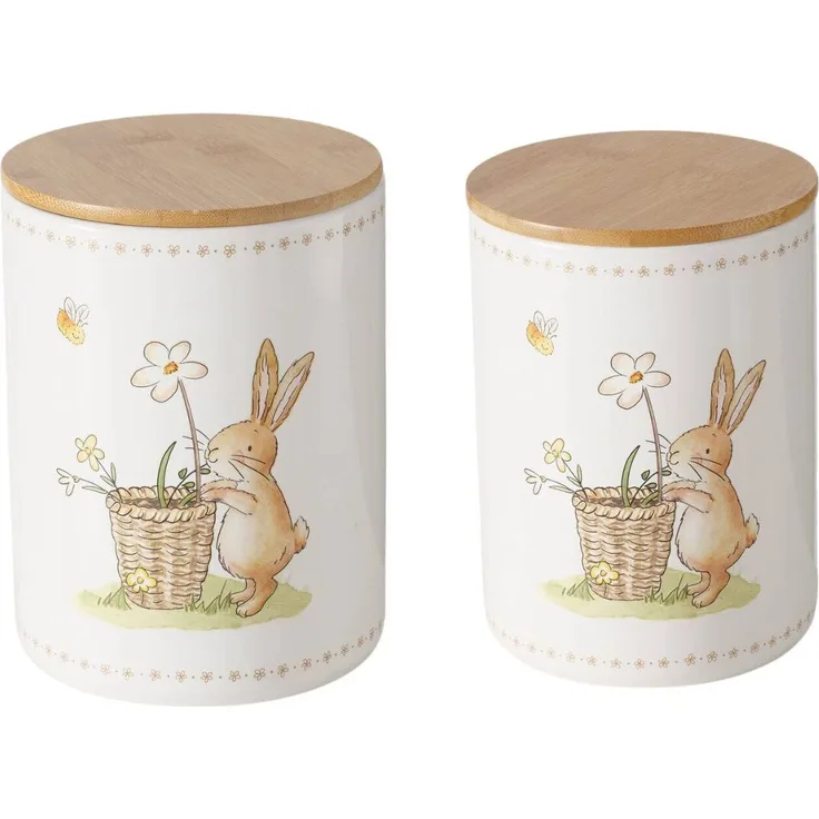 Boltze Küchenbehälter aus Keramik CHARMY, Hasenmuster, 2er-Set, in beige, natur und weiß