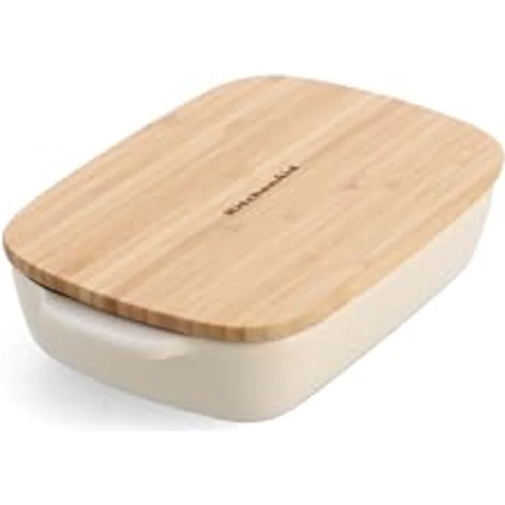 KitchenAid Stoneware Backform Rechteckig mit Bambusdeckel, 20 cm, PFAS-frei, Langlebig, Platzsparend, Mandel Crème – Bild 2
