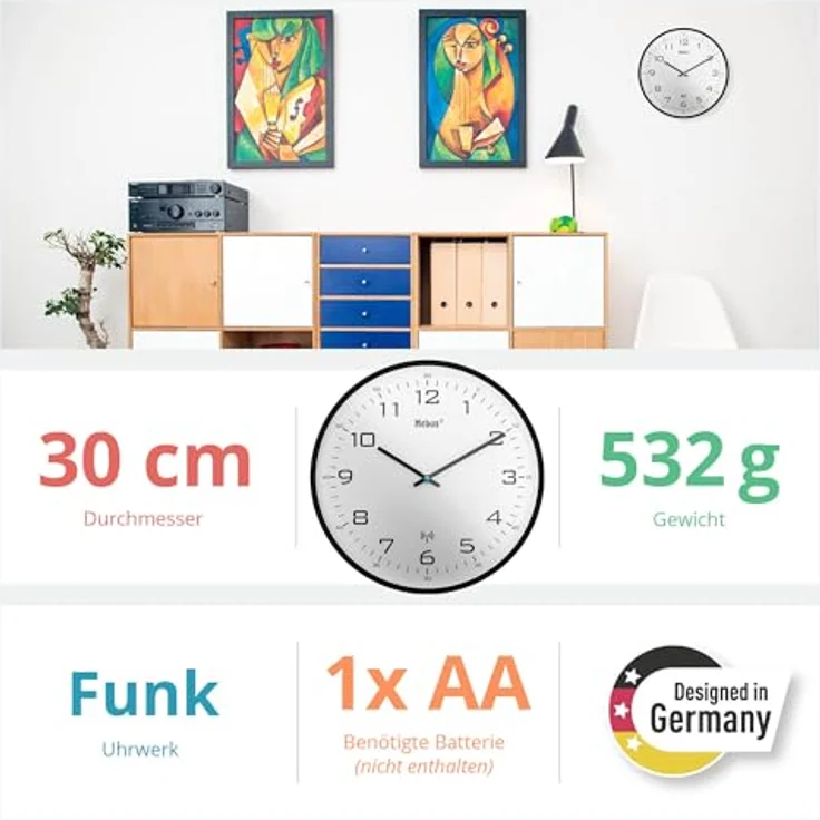 Mebus Funk-Wanduhr Modell 13079, 30 cm, lautlos, schwarzer Rahmen, weißes Zifferblatt, große und klare Anzeige – Bild 4