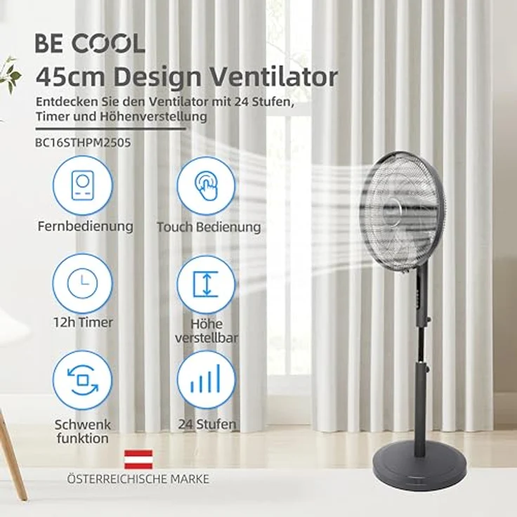 Be Cool Schuss Home Electronic DC Standventilator 45cm, 24 Stufen, Timer, Fernbedienung, oszillierend, höhenverstellbar, energieeffizient, 50W, BC16STHPM2505 – Bild 2