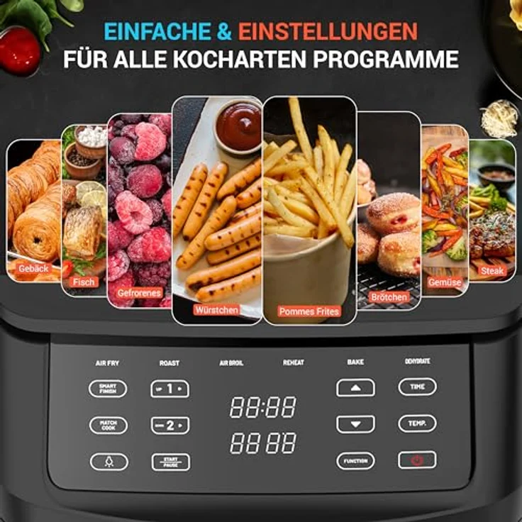 Bolkani Doppelkammer Heißluftfritteuse, 2500W Vertikale Double Stack Airfryer mit Sichtfenster, 11L, 6 Funktionen, Innenbeleuchtung, Antihaft-Beschichtung, Schwarz-Silber – Bild 3