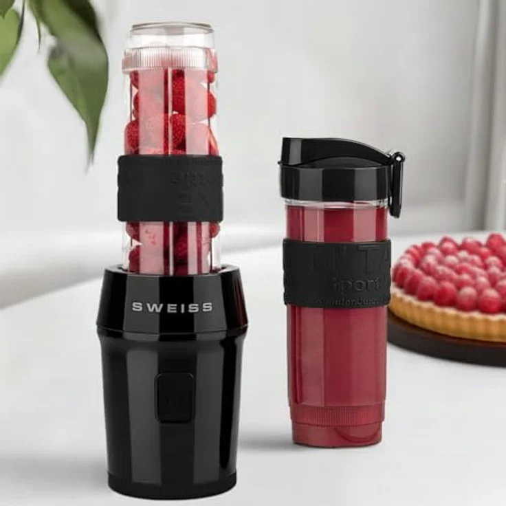 SWEISS Mini-Blender MOOV9, tragbarer Mixer mit 300 W, 2 Trinkflaschen à 570 ml, 4 Edelstahlklingen, spülmaschinengeeignet, Schwarz – Bild 2