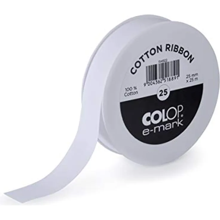COLOP e-mark Baumwollband weiß Geschenkband 25 mm x 25 m zur Bedruckung mit allen e-mark Modellen