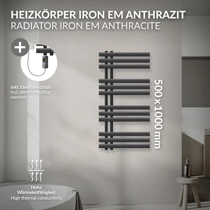 LuxeBath Badheizkörper Iron EM 500x1000mm Anthrazit, 2in1 Heizkörper mit Heizstab 300W und digitalem Thermostat – Bild 3