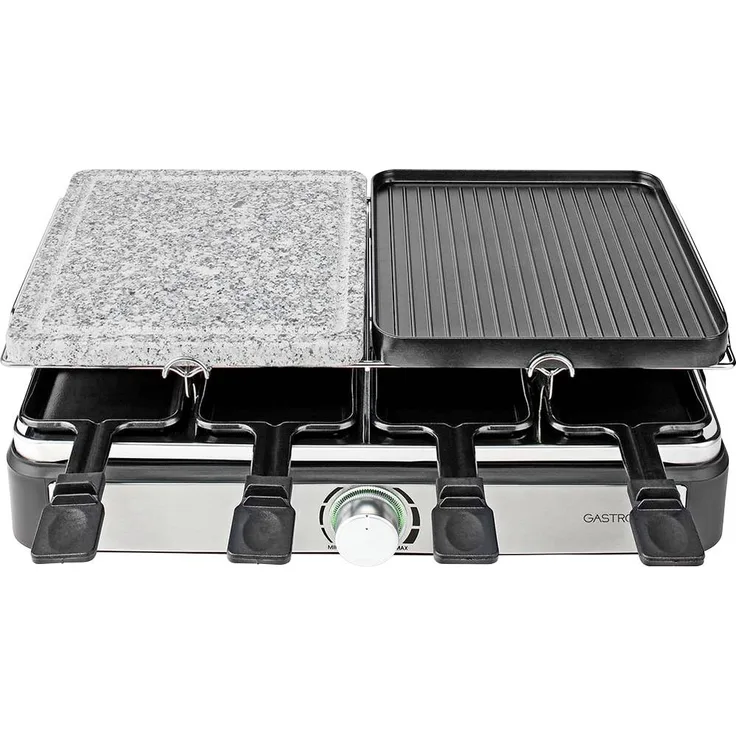 Gastronoma 18300101 Raclette, Gourmet Set für bis zu 8 Personen mit 42 x 23 cm Grillfläche, 1400 Watt, inklusive 8 Pfännchen und 8 Holzspateln