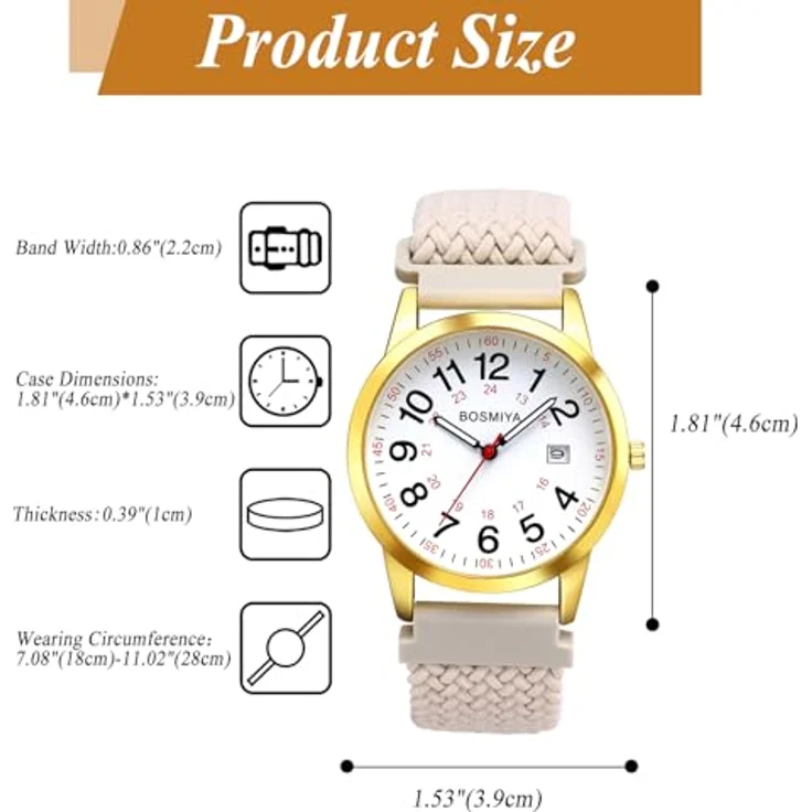 JewelryWe Geflochtene Elastische Uhr, Beige Stoffarmband, Analog Quarz mit 24-Stunden-Zifferblatt und Großen Zahlen, Unisex – Bild 4