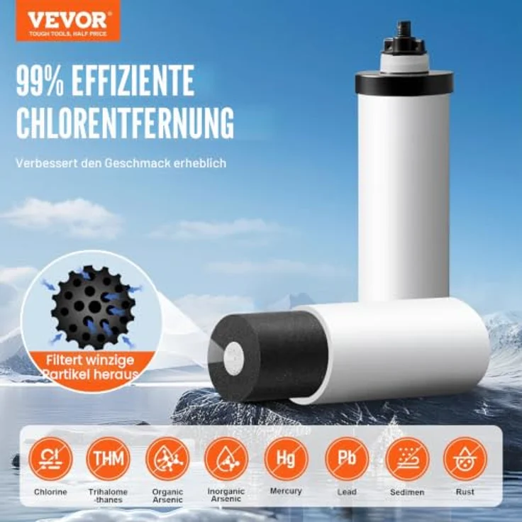 VEVOR Schwerkraft Wasserfiltersystem Edelstahl, 7,8+8,5L Wasserfiltrationssystem mit 2 Keramik-Kohlefiltern, reduziert Blei und bis zu 99 % Chlor – Bild 2