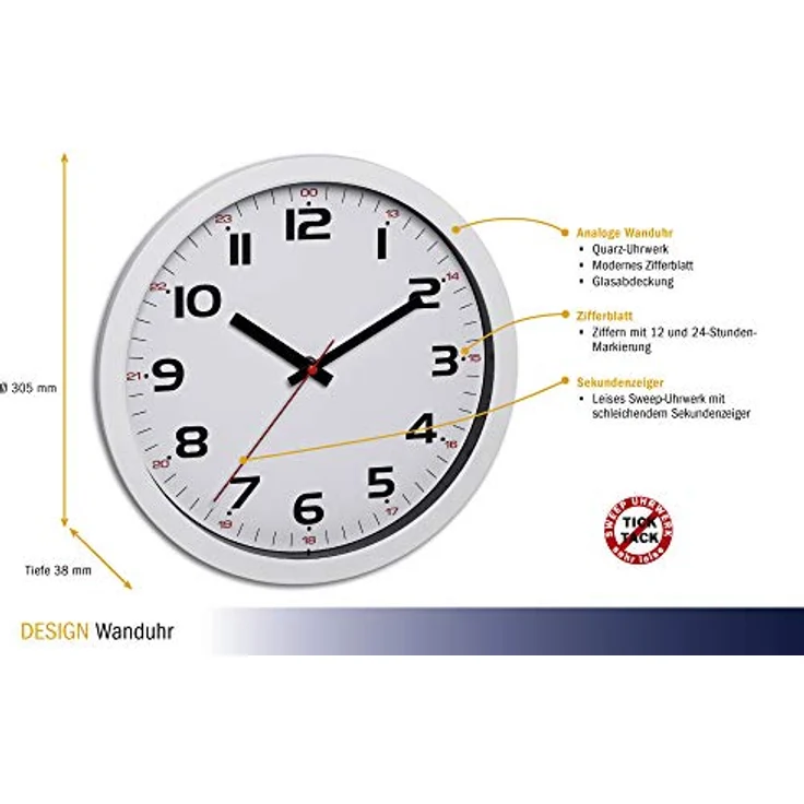 TFA Dostmann TFA 60.3050 analoge Wanduhr mit Sweep-Werk, 305 mm (Weiss) - Geräuscharmes Sweep Uhrwerk, kompaktes Design, hochwertig aus Kunststoff und Glas hergestellt – Bild 4