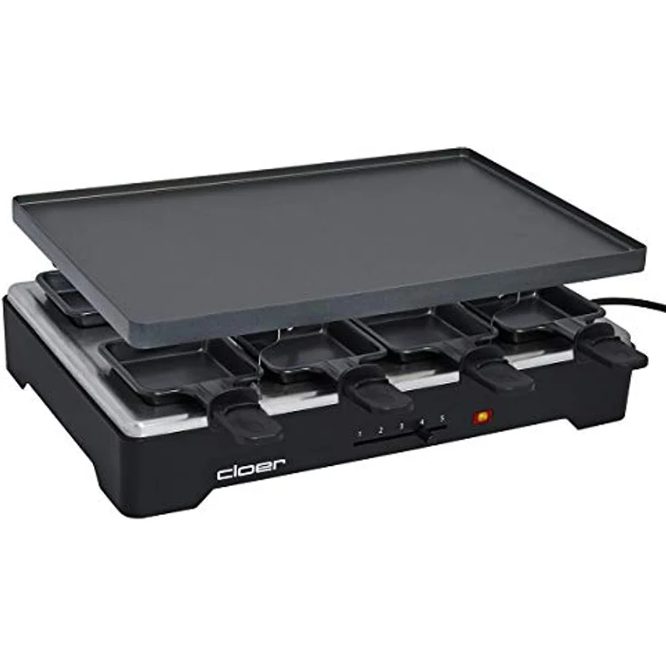Cloer 6446 Raclettegrill mit Aluminium Druckguss Platte - beidseitig verwendbar, 1200 W, 8 antihaftbeschichtete Raclettepfännchen, schwarz – Bild 3