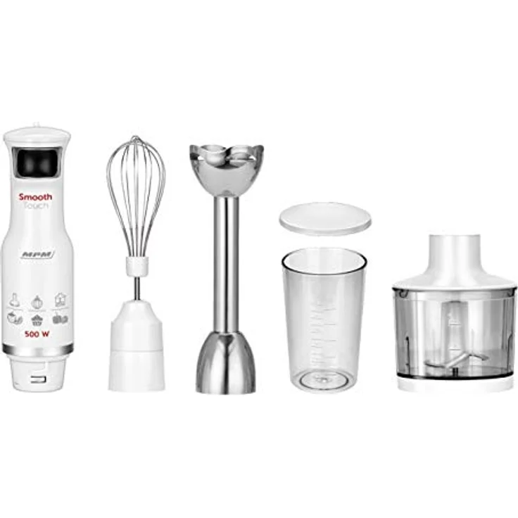 MPM MBL-28 Stabmixer-Set, Mixstab, Schnee-Besen, Multi-Messer, Einstellbare Geschwindigkeit, Zerkleinerungsbecher 500ml, 600-ml-Messglas, BPA-frei, 500W, 500, Edelstahl, Weiß – Bild 1
