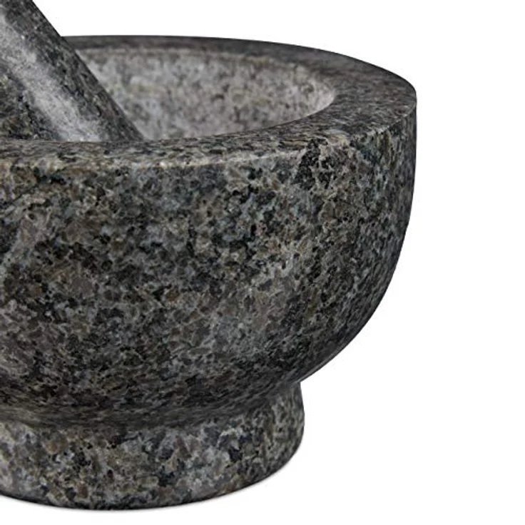 Relaxdays Granit Mörser mit Stößel, robust & langlebig, Gewürze, Kräuter, polierter Steinmörser, Ø 13 cm, 250 ml, grau – Bild 7