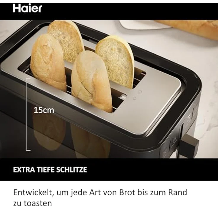 Haier Toaster aus Edelstahl, 2 Scheiben, 1150W I Extra tiefe Schlitze & Hebegriff zum Anheben gegen Verbrennung I Mit Anti-Staub-Deckel & 7 Bräunungsstufen für Brot, Baguette & Bagel [Serie 5- HTO5A3] – Bild 2