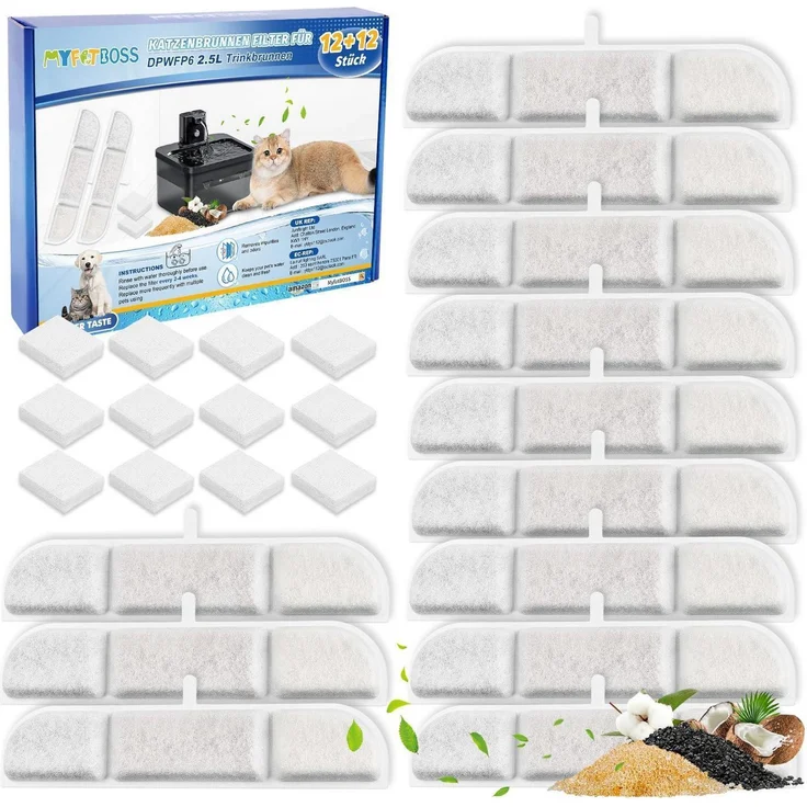 MyfatBOSS Ersatzfilter für 2,5L Katzenbrunnen, 12er Set mit Aktivkohle, Ionenaustauschharz und Schwämmen für optimale Wasserqualität