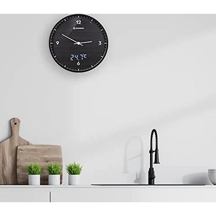 Bresser MyTime Wanduhr mit Funk ohne Tickgeräusche mit 24 cm großem Ziffernblatt, LED  Sekundenanzeige, Innentemperatur und geräuschlosem Funkuhrwerk, schwarz – Bild 4