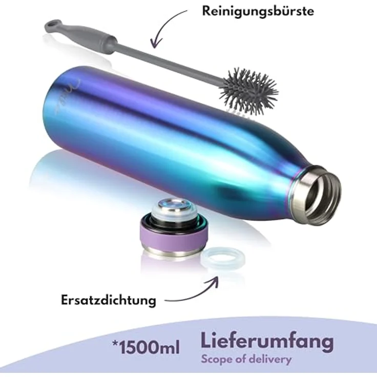 Milu Edelstahl Trinkflasche Aurora 1500ml – Auslaufsichere Thermosflasche für Kinder und Erwachsene, doppelwandige Vakuumisolierung, inkl. Reinigungsbürste – Bild 5