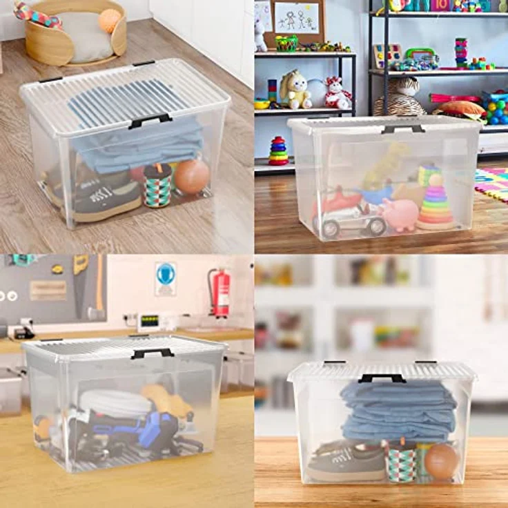 Deuba® Aufbewahrungsboxen 4 x 30l mit Deckel und Rollen, stapelbar, transparent Kunststoff BPA-frei Klickverschluss, RB60 für Büro, Garage, Waschraum – Bild 2