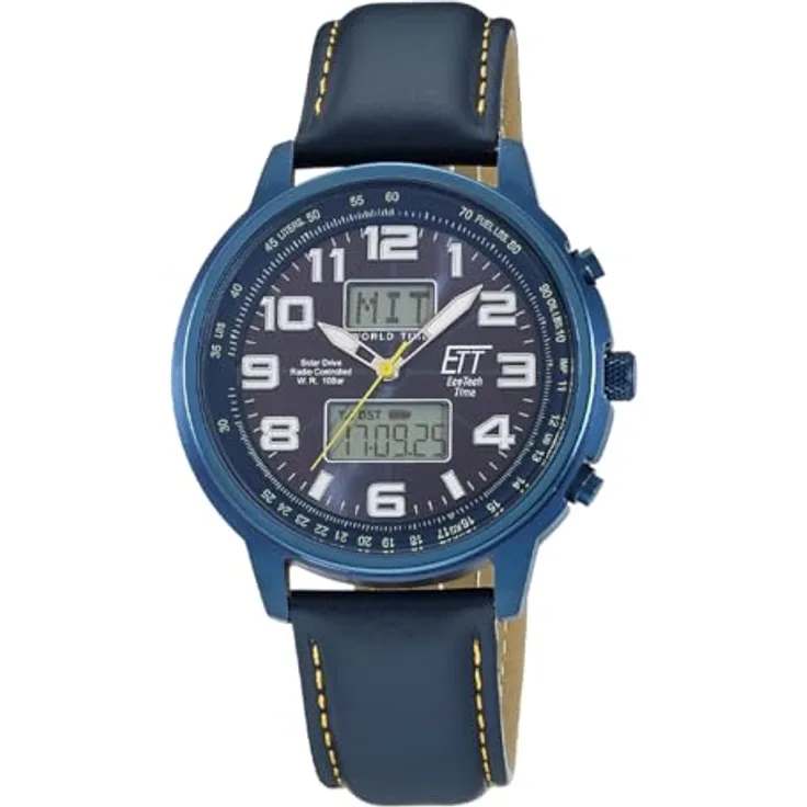 ETT Eco Tech Time EGS-11734-32L, Funk Solar Herren Uhr mit analogem Zifferblatt, blauem Zifferblatt und Lederarmband, wasserdicht bis 10 Bar, Stoppuhr und ewiger Kalender