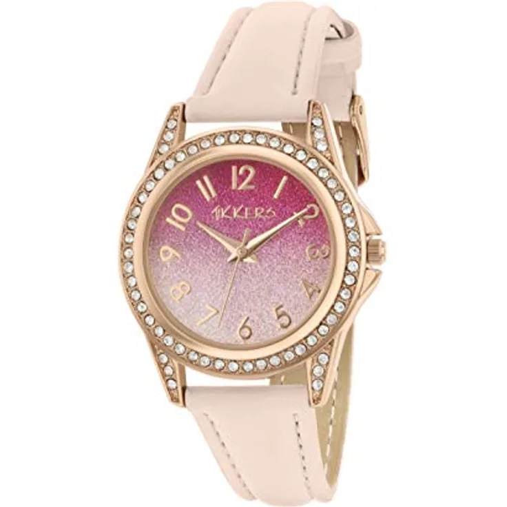 Tikkers Unisex Kinder Uhr TK0176, rosa Glitzer-Zifferblatt mit pinkem PU-Armband und roségoldener Schnalle, Edelstahlgehäuse mit Steinbesatz