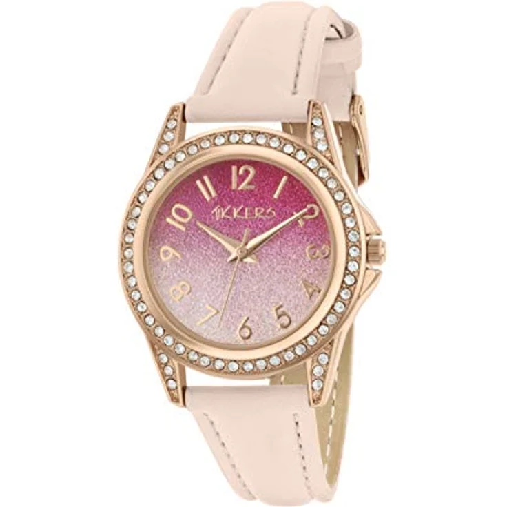 Tikkers Unisex Kinder Uhr TK0176, rosa Glitzer-Zifferblatt mit pinkem PU-Armband und roségoldener Schnalle, Edelstahlgehäuse mit Steinbesatz – Bild 1