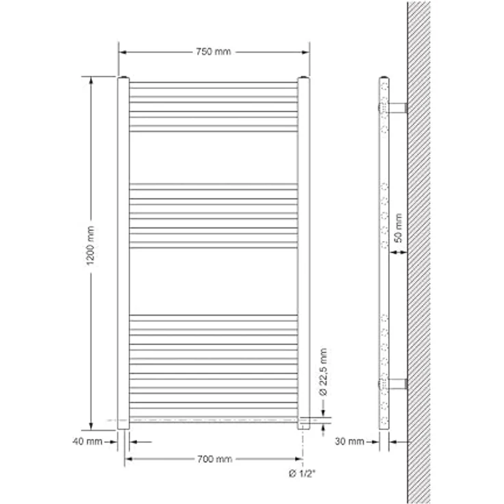LuxeBath Badheizkörper Sahara 750 x 1200 mm, anthrazit, gerade mit Seitenanschluss, effiziente Wärmeableitung – Bild 2