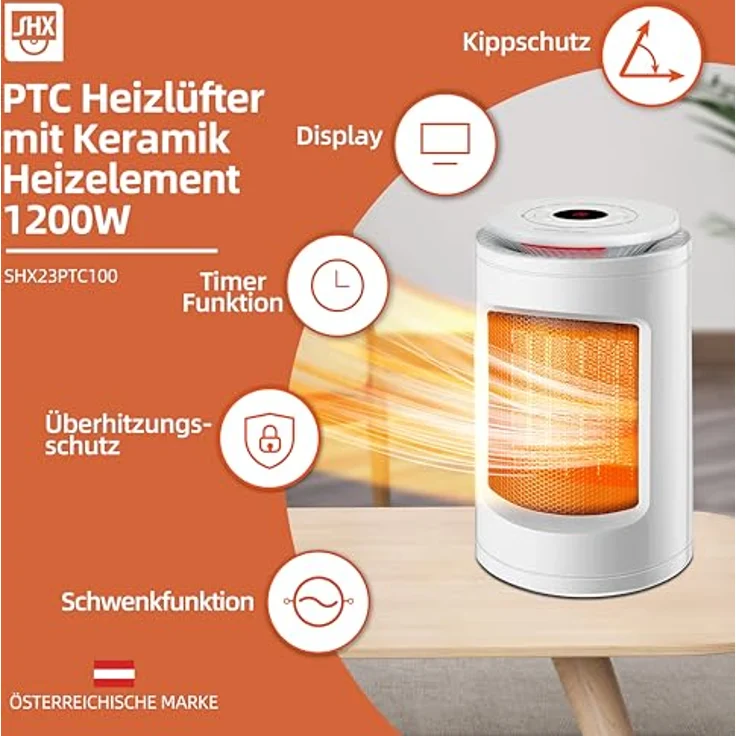 SHX Keramikheizlüfter PTC-Heizlüfter 1200W SHX23PTC100, Betriebsanzeige mit 3 verschiedenen Farblichtern, weiß – Bild 2