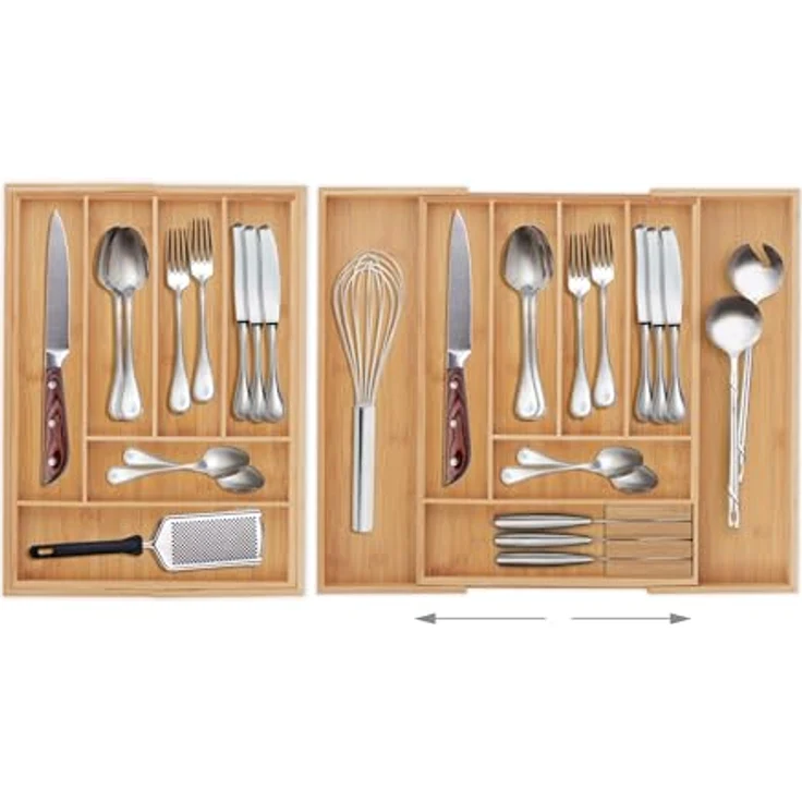 relaxdays Besteckkasten Ausziehbarer Besteckkasten aus Bambus, 8 Fächer, inkl. 2 Messerblöcke, natur – Bild 3