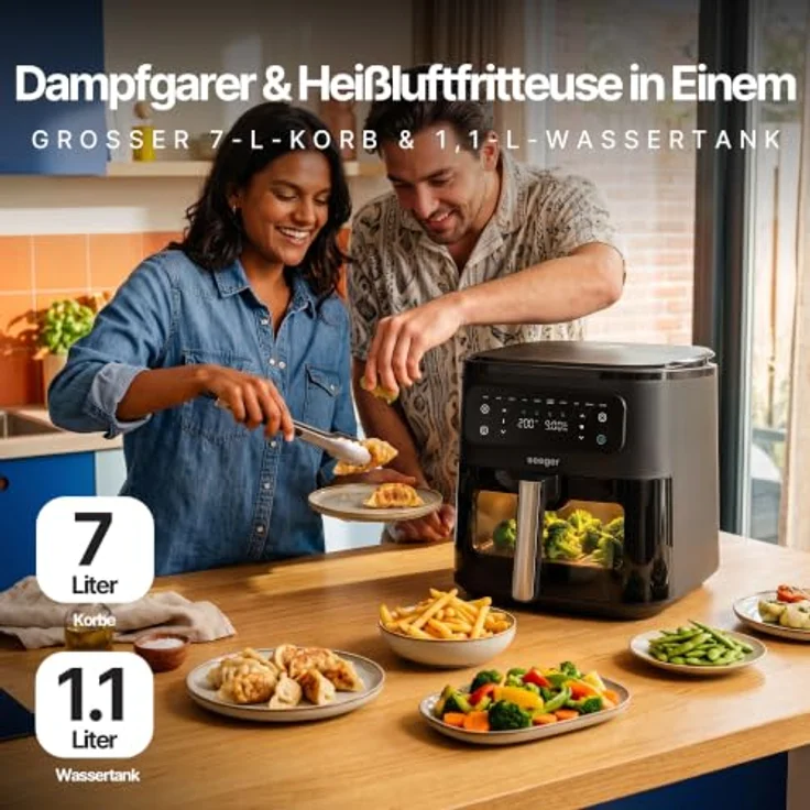 SEEGER SteamFry Heißluftfritteuse mit Dampffunktion, 7 Liter, 8 automatische Kochprogramme, Sichtfenster – Bild 2