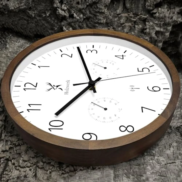 Holzwerk WEGBERG Funk Wanduhr aus Massivholz, 30 cm, mit Temperaturanzeige und Hygrometer, lautloses Uhrwerk, Braun/Buche – Bild 2