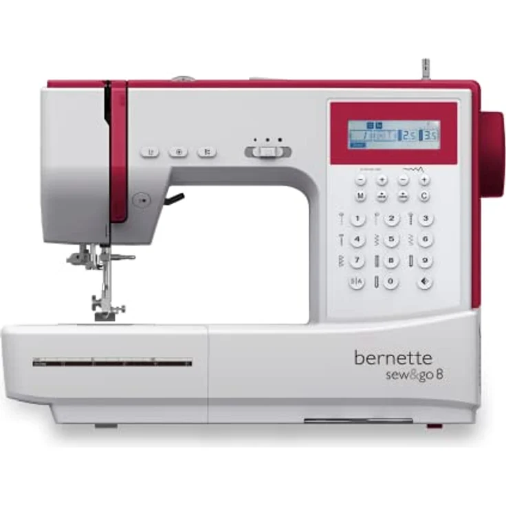 bernette sew&go 8 Computer-Nähmaschine – computergesteuerte Anfänger-Nähmaschine, einfache Bedienung, 197 Stiche, LCD-Display, Speicherfunktion, Start/Stopp-Funktion und 7 Nähfüße, weiß-rot – Bild 3