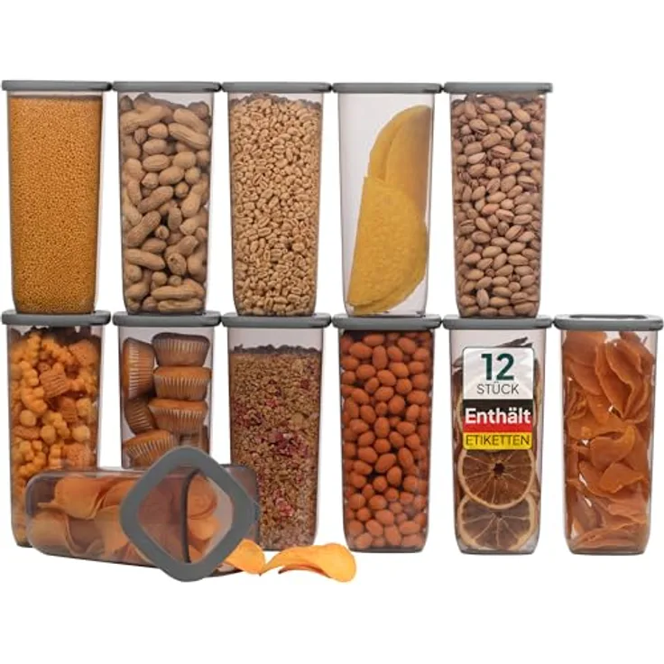 UANDU Vorratsdosen mit Deckel Luftdicht Set, BPA frei, Aufbewahrungsbox, Küchenorganizer, Vorratsbehälter Mehl Aufbewahrung Küche - 12x1750ml-Grau
