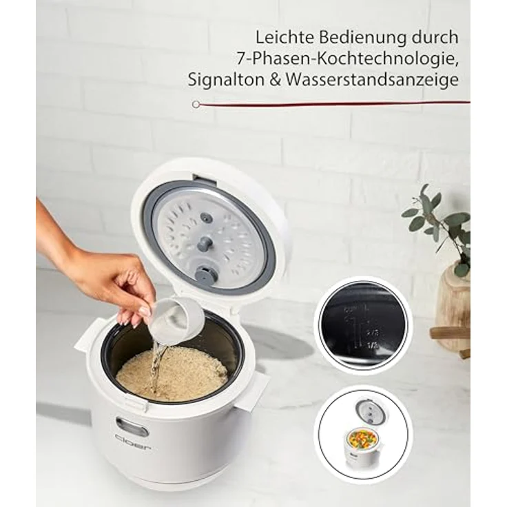 Cloer 6831 Reiskocher, 1 l, inkl. Dampfaufsatz, 7-Phasen-Technologie, Warmhaltefunktion bis 24 h, spülmaschinengeeigneter Innentopf, 350 W – Bild 3