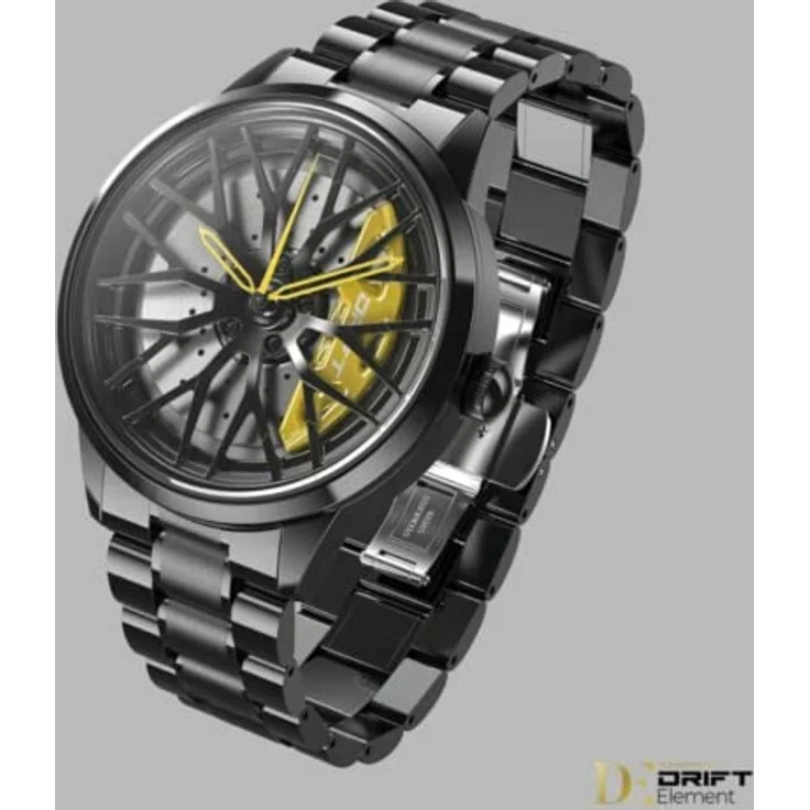 DriftElement Motorsport Felgenuhr Herren - Sportwagen Männer Armbanduhr im 3D Design der Sternspeichen M8 Felge aus Edelstahl - Custom Designer Uhr mit Mineralglas, glänzendes schwarzes Gehäuse, Japanisches Seiko Epson Y121 Quarzuhrwerk, 3 ATM Wasserdicht, Hochwertiges Edelstahl-Armband, Schmetterlingsverschluss, Mehrfarbig Zeiger – Bild 4