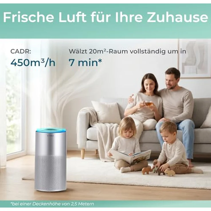 KLAMER Luftreiniger 600i mit HEPA Filter, CADR 450 m³/h, für Räume bis 55m², entfernt 99,9% Pollen, Viren und Allergene, 3 Modi inkl. Automatikmodus, Smartphone Steuerung – Bild 3