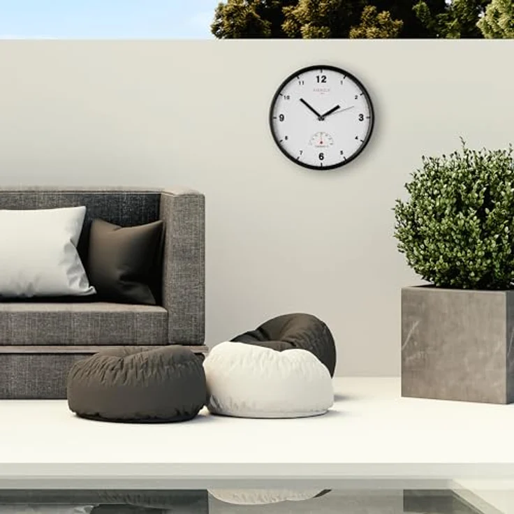 Kienzle DCF-Garten-Funkwanduhr, Ø 30 cm, mit Thermometer, lautlos, spritzwassergeschützt, Stahlrahmen, batteriebetrieben – Bild 2