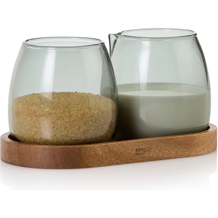 AdHoc MZ02 Set Milchkännchen und Zuckerdose mit Untersetzer YUNA | Premium Borosilikatglas in Rauchgrau & Holz, skandinavisches Design - Preisvergleich – Bild 1