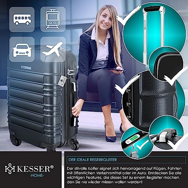 KESSER® Handgepäck Reisekoffer Hartschalen-Koffer Inkl. Kofferwaage + Gepäckanhänger Trolley Gepäck Rollkoffer Zahlenschloss 4 Rollen ABS-Hartschale Teleskopgriff (55x40x25cm / 55 Liter Anthrazit) – Bild 5