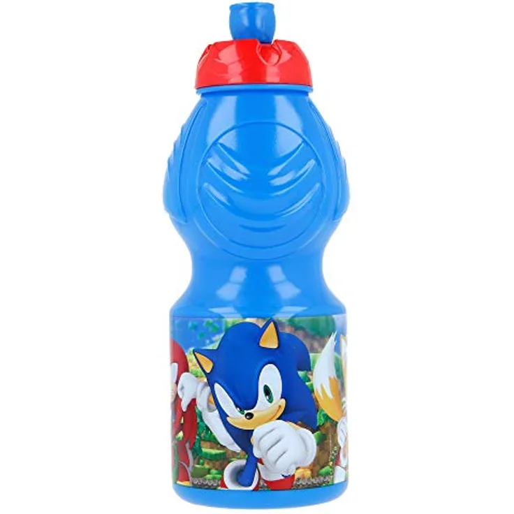 Tinisu Trinkflasche Sonic the Hedgehog, Plastikflasche 400 ml mit Motiv Sonic, Knuckles und Tails, blau