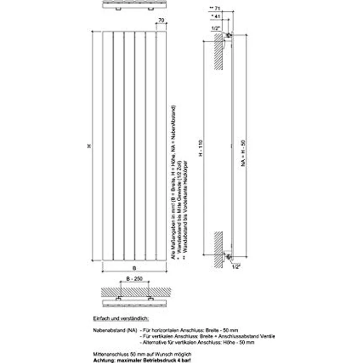 Ximax Raumheizkörper P1, Vertikaler Designheizkörper mit 1.287 W Wärmeleistung, 67 x 180 cm, Weiß – Bild 4