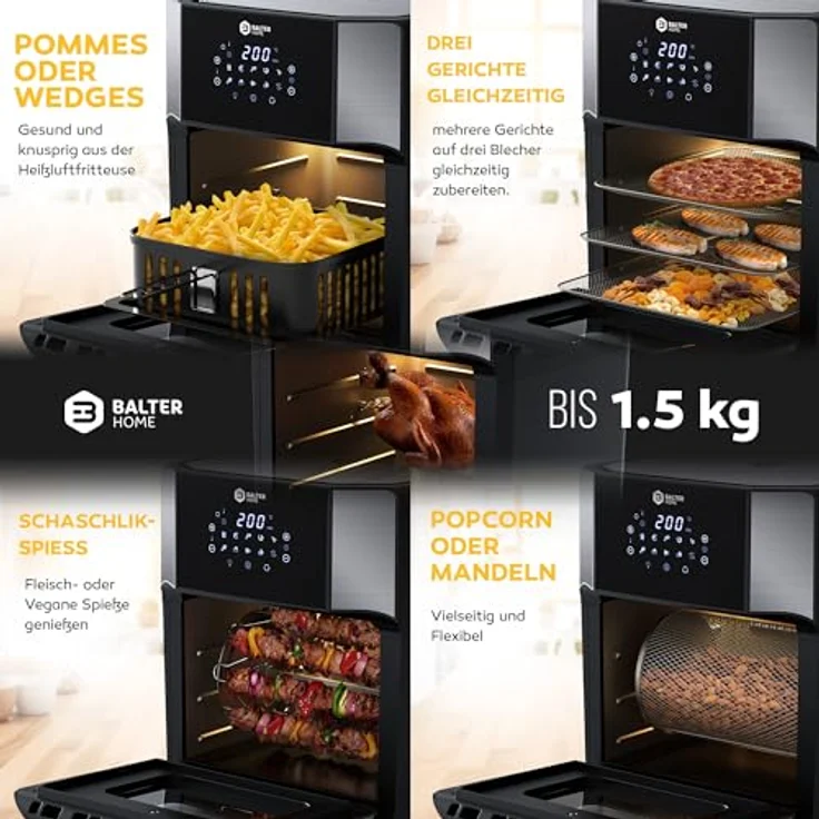 Balter Heißluftfritteuse HL-1200-BL, 12 Liter, Friteuse, LED Touchscreen, Dörrautomat, 1800W Heissluftfritteuse airfryer, 100 Rezepte auf Deutsch, Minibackofen,  in Schwarz – Bild 5