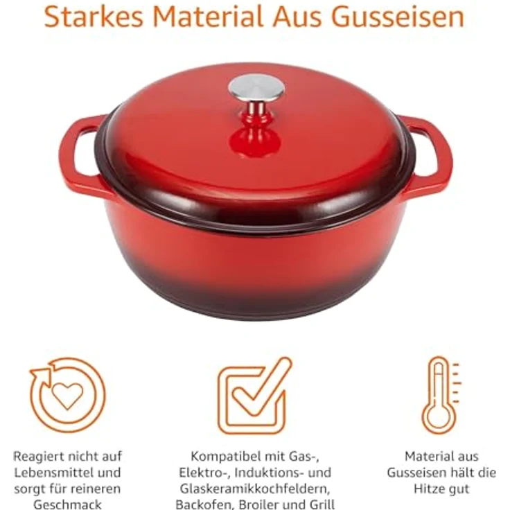 AmazonBasics Bräter Schmortopf aus emailliertem Gusseisen, 5,67 l, Rot – Bild 4