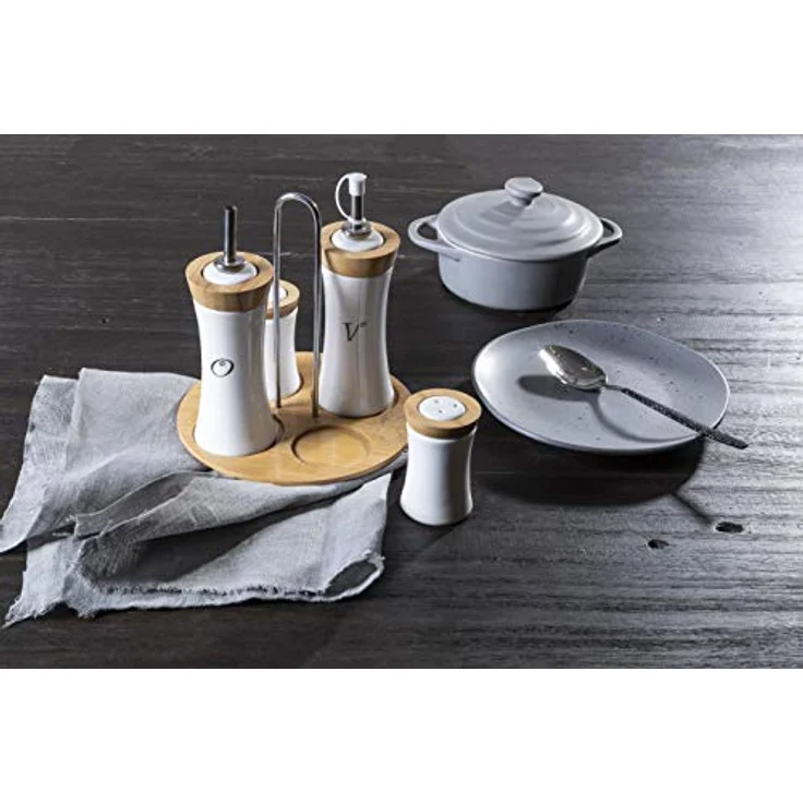 4pc Gewürzset, Öl, Easig, Salz, Pfeffer, Bambus, Keramik – Bild 3