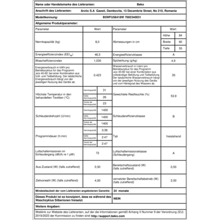Beko B5WFU58418W, Frontlader-Waschmaschine, A, Fassungsvermögen 8 kg, Standgerät, Breite 60 cm – Bild 13
