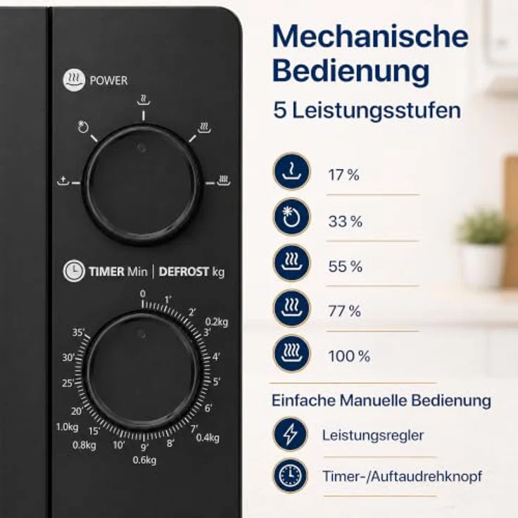 Heinner HMW-MD20MBK Freistehende Mikrowelle, 20 L, 700 W, 5 Leistungsstufen, Mechanische Steuerung, Timer, Auftaufunktion, Schwarz – Bild 7