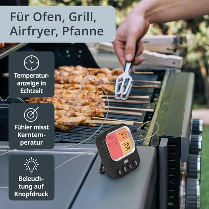 ADE Digitales Fleischthermometer mit 1 Sonde, Bratenthermometer bis 250 °C, ideal für Ofen, Grill und Airfryer, präzise Kerntemperaturmessung für 8 Fleischsorten, Timerfunktion, magnetische Befestigung – Bild 4
