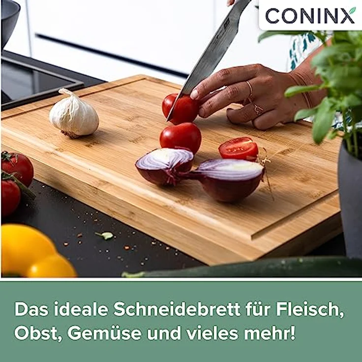 Coninx Schneidebrett Holz groß mit Saftrille - Antibakterielles Moso Bambus Holzbrett zum Schneiden von Gemüse, Obst, Käse, Fleisch & mehr - Robustes Holz Küchenbrett - Servierbrett – Bild 2