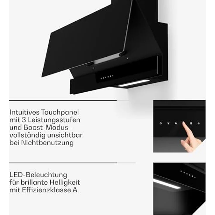 Klarstein Velaire Dunstabzugshaube 90 cm, Kopffreihaube mit 820 m³/h Boost, Energieeffizienz A++, Touch-Bedienung, LED-Beleuchtung, Aluminium- und Aktivkohlefilter, Schwarz – Bild 7