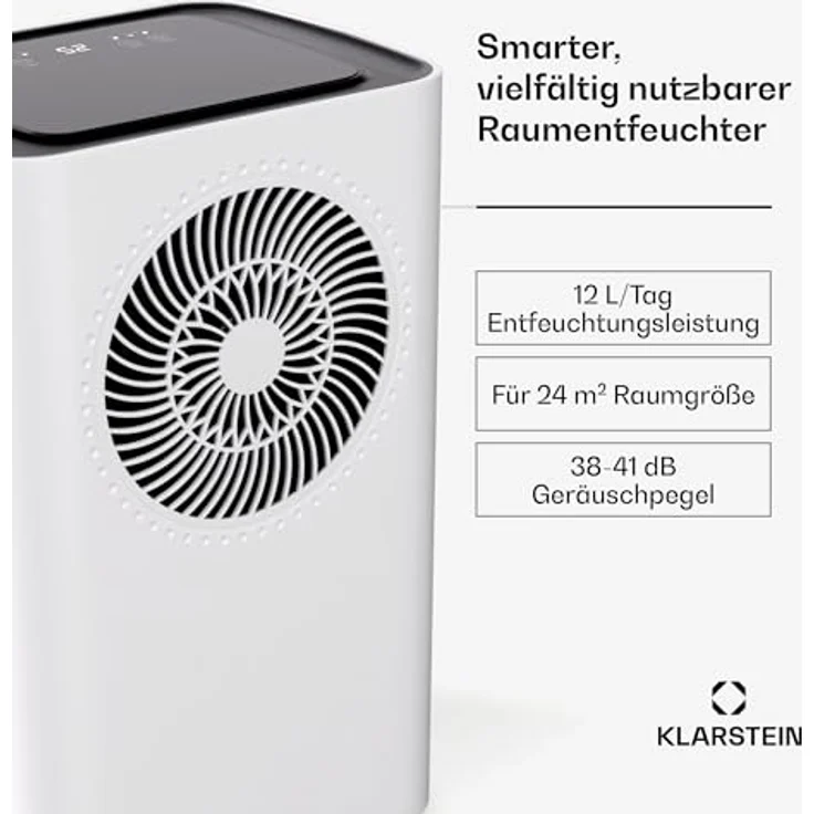Klarstein CircleDry 12L Smart Luftentfeuchter, WLAN-App-Steuerung, Leise 38 dB, 24h Timer, Kontinuierliche Entwässerung, Tragbar für Wohn- & Büroräume bis 24 m² – Bild 2