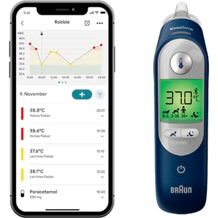 Braun ThermoScan 7+ connect Ohrthermometer, Bluetooth-kompatibel mit Age Precision® Technologie, inkl. 21 Hygiene Caps – Bild 1