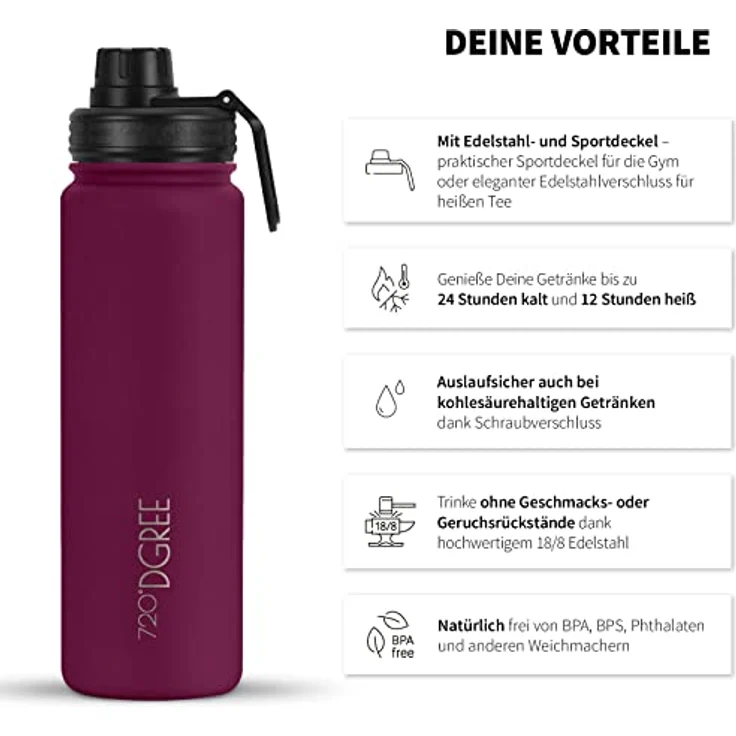 720°DGREE Edelstahl Trinkflasche Kinder 530ml “noLimit” - Auslaufsicher, BPA-Frei, Thermosflasche für Schule und Sport, inklusive Gratis Sportdeckel – Bild 2